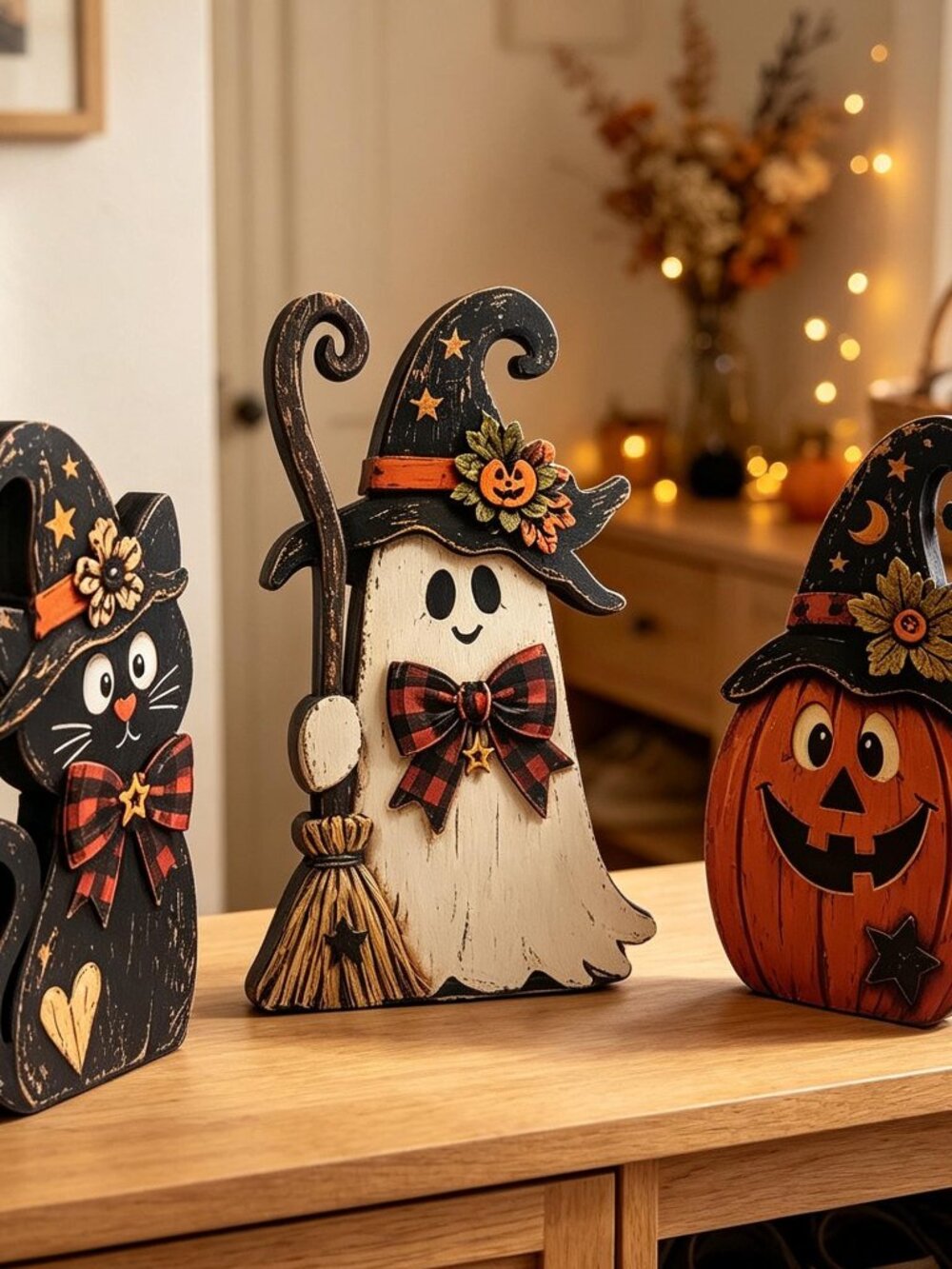 Farmhouse Wooden Halloween Set, Ghost Pumpkin Black Cat Decor Halloween Decor